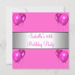 Invitation Fête d'anniversaire de 10 ans Jolie en rose Ballon