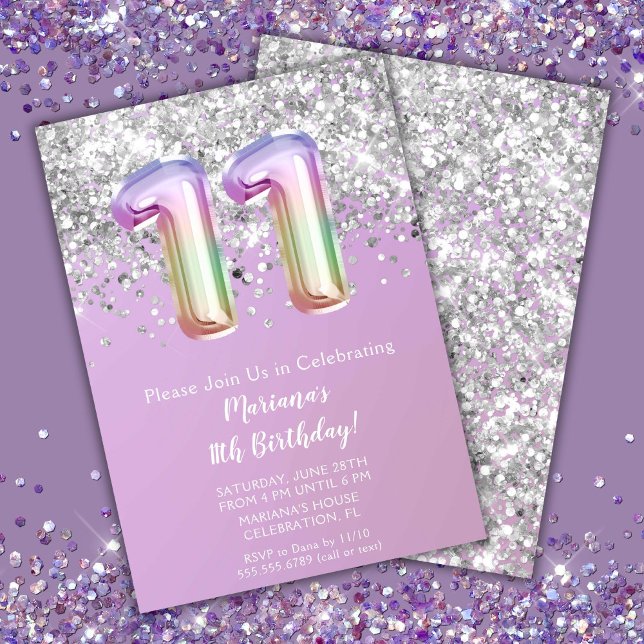 Invitation Fête d'anniversaire de 11 ans de la fille paillett (Créateur téléchargé)