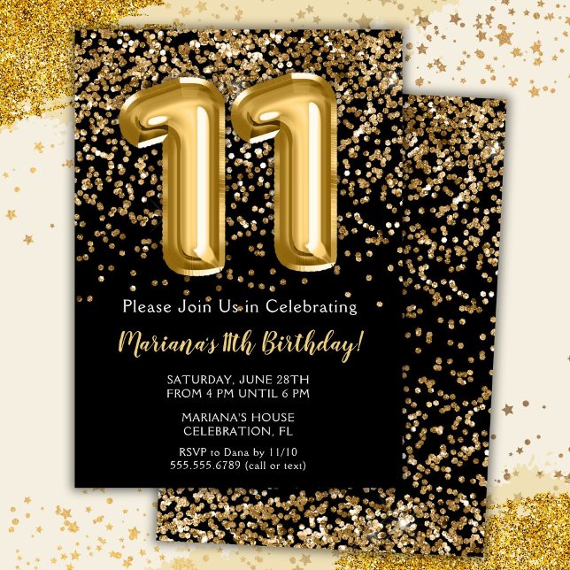 Invitation Fête d'anniversaire de 11 ans pour fille Black Gol (Créateur téléchargé)