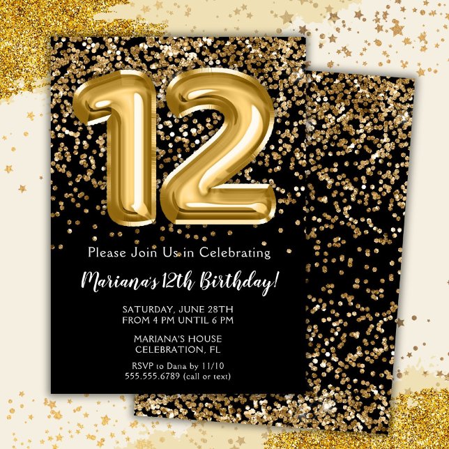 Invitation Fête d'anniversaire de 12 ans pour fille Black Gol (Créateur téléchargé)