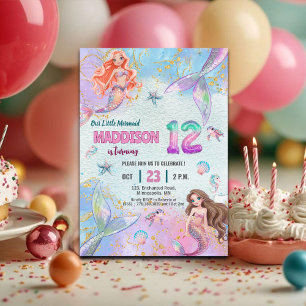 Invitation Fête d'anniversaire de 12 ans Sirènes Paillettes R