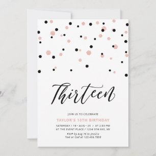 Invitation Fête d'anniversaire de 13 ans Black & Rose Gold Gi