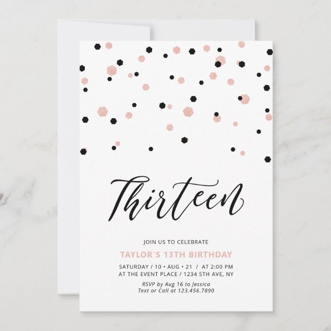 Invitation Fête d'anniversaire de 13 ans Black & Rose Gold Gi (Devant)