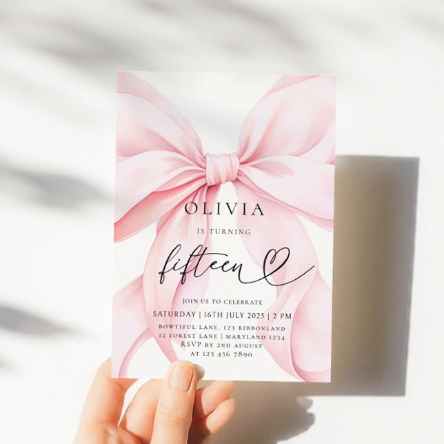 Invitation Fête d'anniversaire de 15 ans avec un nœud rose (Créateur téléchargé)