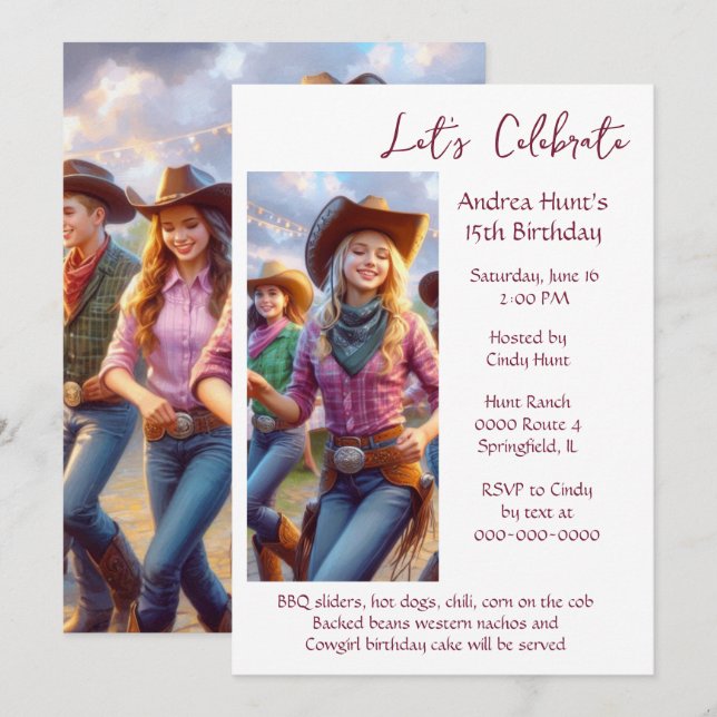 Invitation Fête d'anniversaire de 15 ans pour adolescente  (Devant / Derrière)