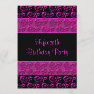 Invitation Fête d'anniversaire de 15 ans rose vif et noir
