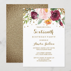 Invitation Fête d'anniversaire de 16 ans Burgundy Floral Glit