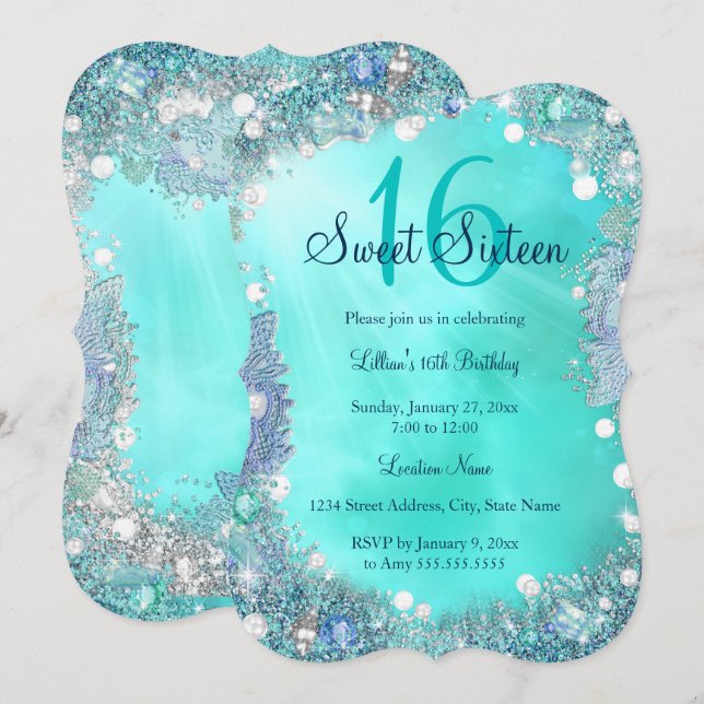 Invitation Fête d'anniversaire de 16 ans douce perles d'océan (Devant / Derrière)