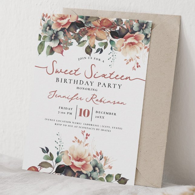 Invitation Fête d'anniversaire de 16 ans Girly Boho Floral d' (Girly Boho Fall Floral Sweet 16 Birthday Party Invitation)