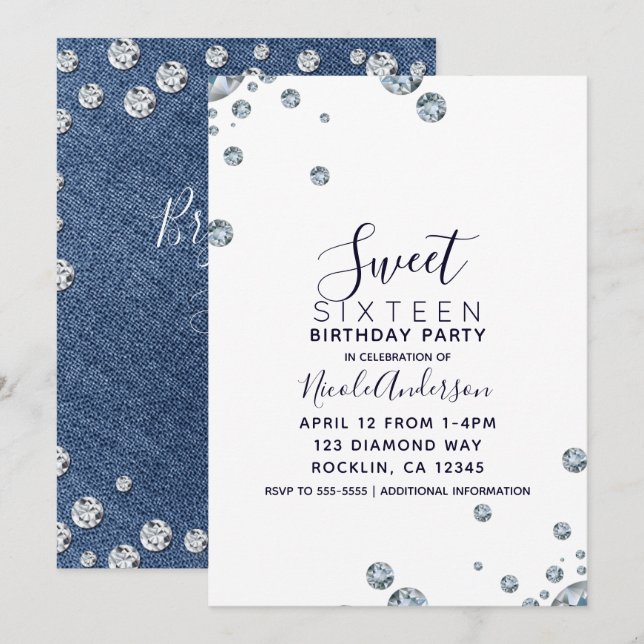 Invitation Fête d'anniversaire de 16 ans Jean Denim & Diamond (Devant / Derrière)