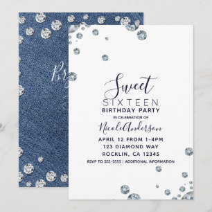 Invitation Fête d'anniversaire de 16 ans Jean Denim & Diamond