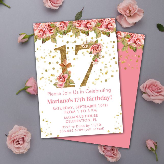 Invitation Fête d'anniversaire de 17 ans aux roses roses flor (Créateur téléchargé)