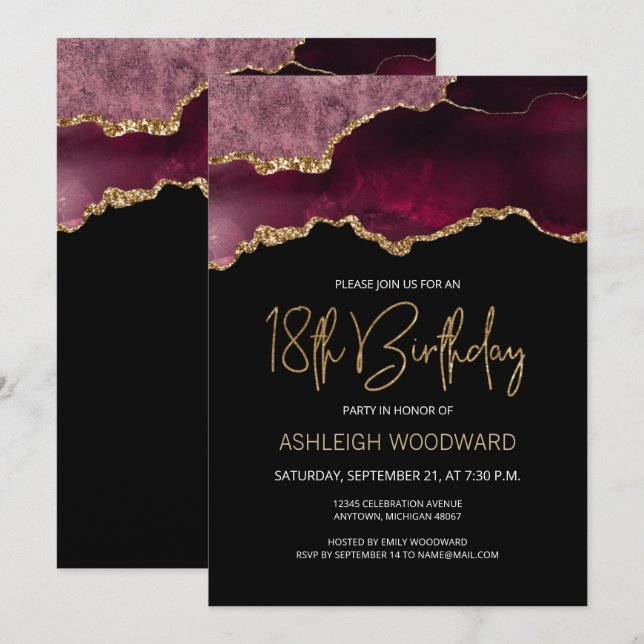 Invitation Fête d'anniversaire de 18 ans Agate Geode Bourgogn (Devant / Derrière)
