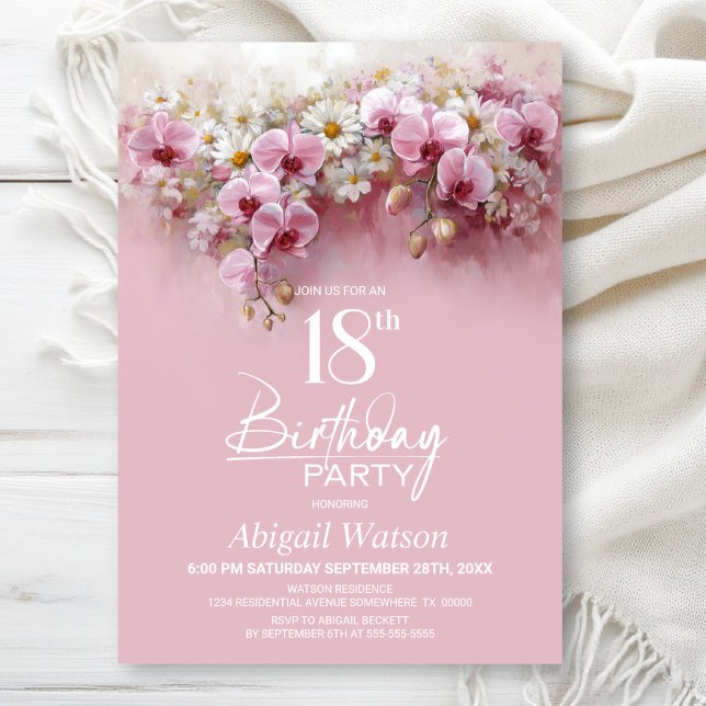 Invitation Fête d'anniversaire de 18 ans aux fleurs d'orchidé (Créateur téléchargé)