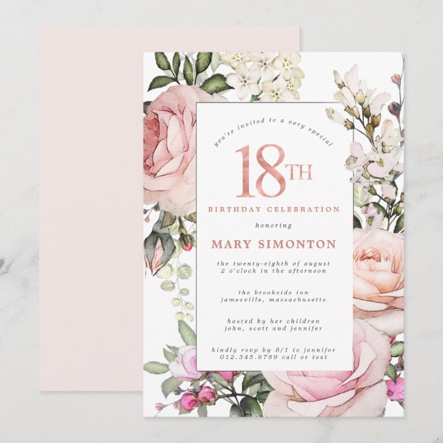Invitation Fête d'anniversaire de 18 ans aux fleurs roses de  (Devant / Derrière)