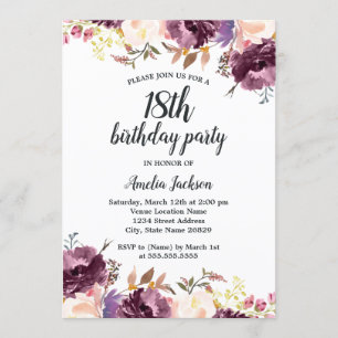Invitation Fête d'anniversaire de 18 ans Bloom Watercolor Pur