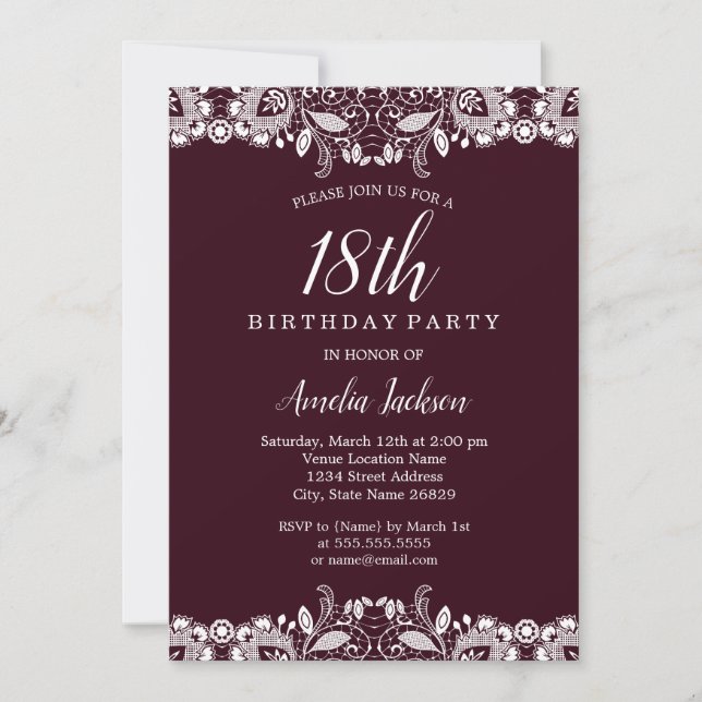 Invitation Fête d'anniversaire de 18 ans en dentelle blanche  (Devant)
