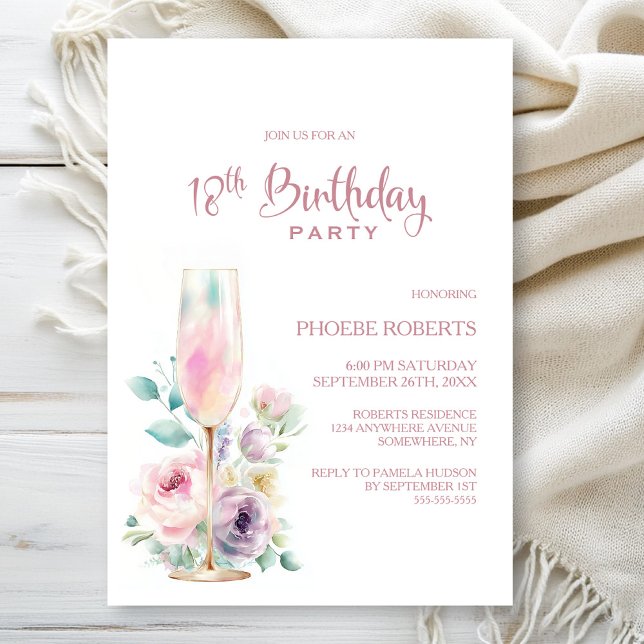 Invitation Fête d'anniversaire de 18 ans Florale Champagne Ro (Créateur téléchargé)