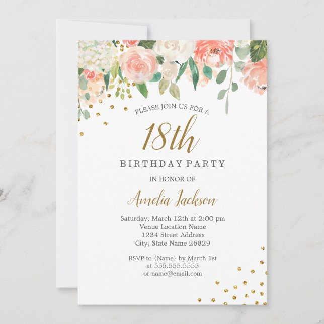 Invitation Fête d'anniversaire de 18 ans Peach Gold Watercolo (Devant)
