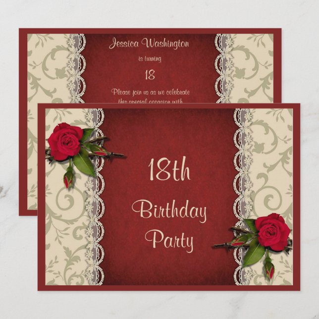 Invitation Fête d'anniversaire de 18 ans Roses Rouges & Dente (Devant / Derrière)