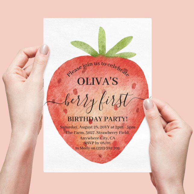 Invitation Fête d'anniversaire de 1 an à l'aquarelle fraise (Créateur téléchargé)