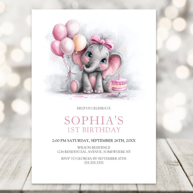 Invitation Fête d'anniversaire de 1 an avec éléphant fille et (Créateur téléchargé)
