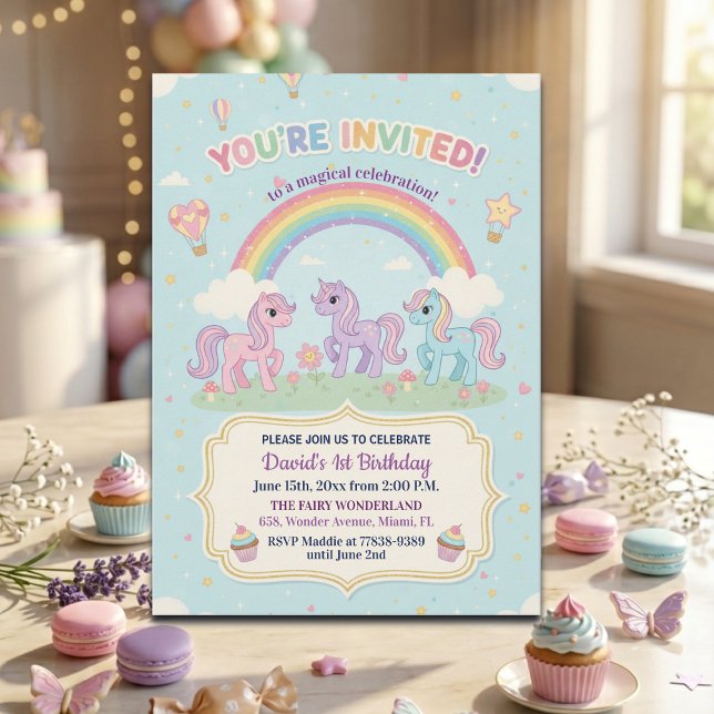 Invitation Fête d'anniversaire de 1 an avec poneys et arc-en- (Créateur téléchargé)
