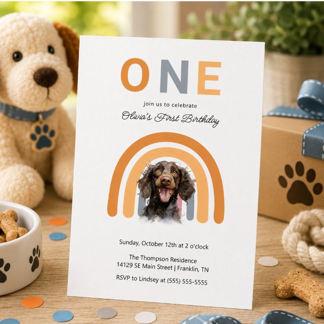 Invitation Fête d'anniversaire de 1 an avec un chien adorable (Adorable Dog Rainbow Watercolor 1st Birthday Party Invitation)
