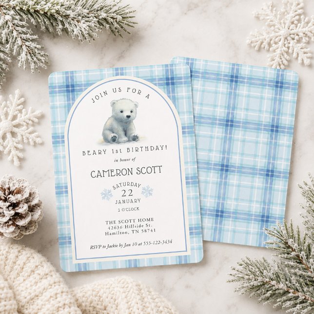 Invitation Fête d'anniversaire de 1 an Beary ours polaire mig (Winter Cute Polar Bear Beary 1st Birthday Party Invitation)