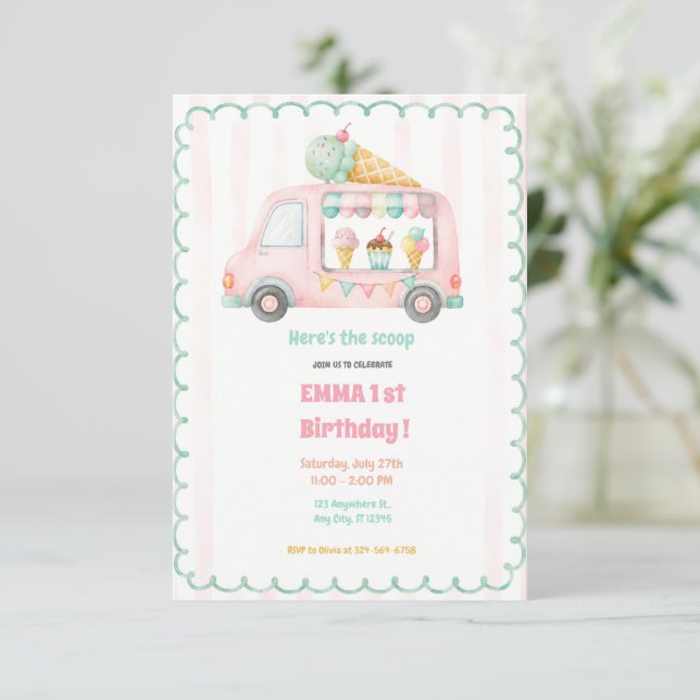 Invitation Fête d'anniversaire de 1 an Camion de Glaces (Debout devant)