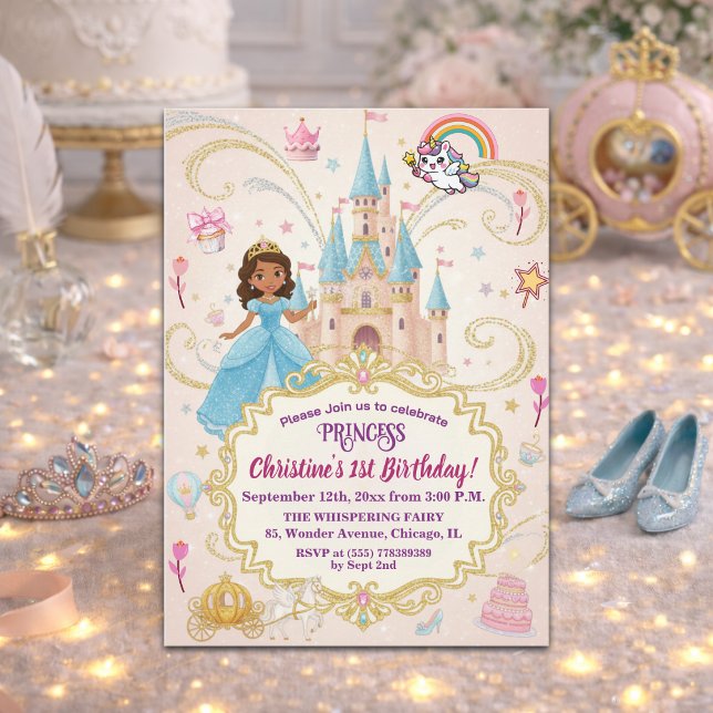 Invitation Fête d'anniversaire de 1 an Château de Conte de Fé (Créateur téléchargé)