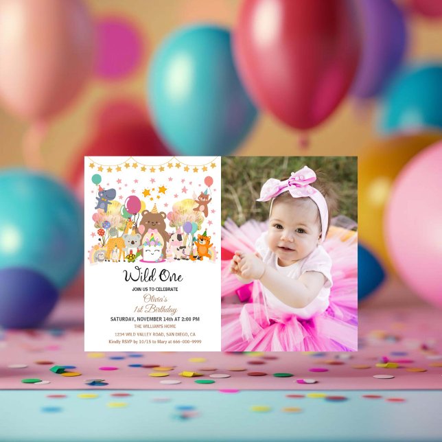 Invitation Fête d'anniversaire de 1 an dans la forêt sauvage  (woodland forest wild one birthday party horizontal photo invitation)