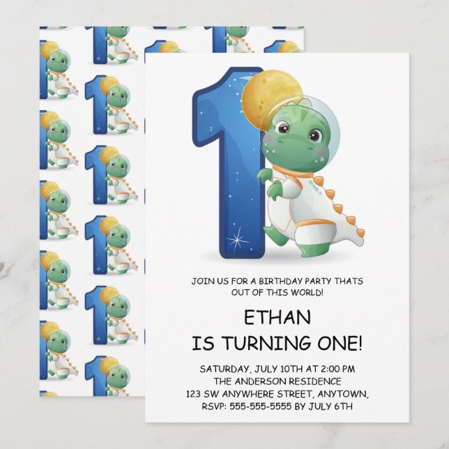 Invitation Fête d'anniversaire de 1 an d'astronaute dinosaure (Devant / Derrière)