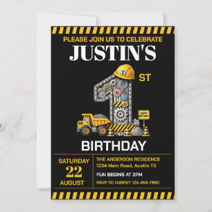 Invitation Fête d'anniversaire de 1 an de Construction Mignon