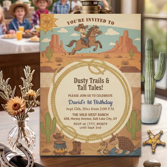 Invitation Fête d'anniversaire de 1 an de Cowboy Mignon avec  (Créateur téléchargé)