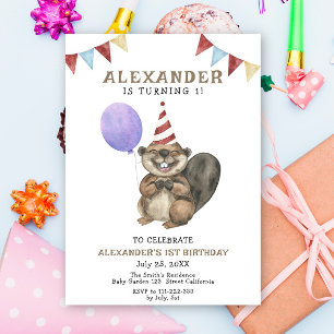 Invitation Fête d'anniversaire de 1 an de joli castor