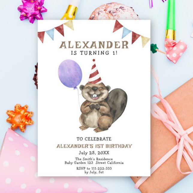 Invitation Fête d'anniversaire de 1 an de joli castor (Créateur téléchargé)