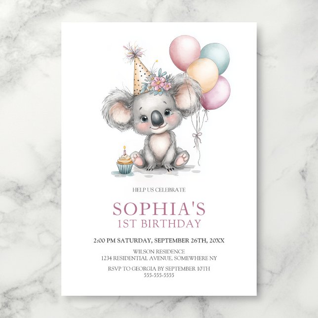 Invitation Fête d'anniversaire de 1 an de Koala Mignon (Créateur téléchargé)