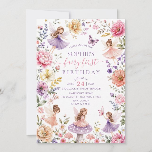 Invitation Fête d'anniversaire de 1 an de la fée de la fleur  (Devant)