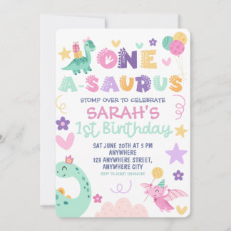 Invitation Fête d'anniversaire de 1 an de la fille au dinosau