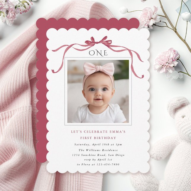 Invitation Fête d'anniversaire de 1 an de la fille au nœud ro (Créateur téléchargé)