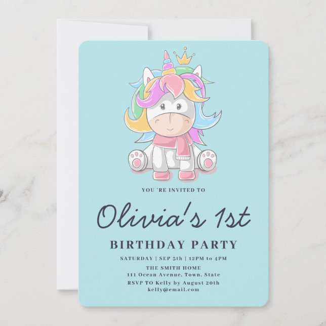 Invitation Fête d'anniversaire de 1 an de la licorne de la pr (Devant)