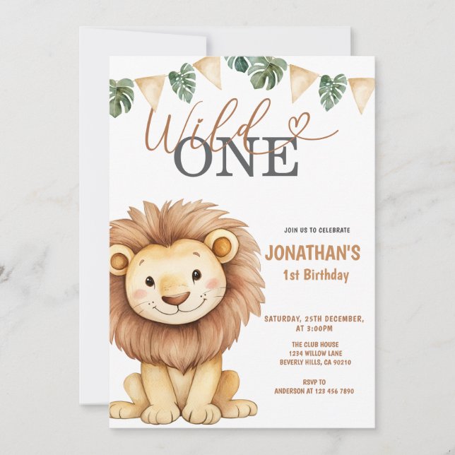 Invitation Fête d'anniversaire de 1 an de Lion Wild One (Devant)