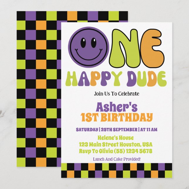 Invitation Fête d'anniversaire de 1 an de One Happy Dude Boy (Devant / Derrière)