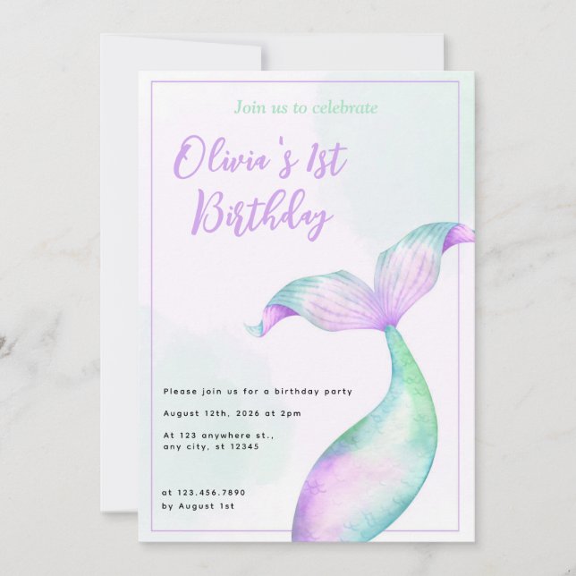 Invitation Fête d'anniversaire de 1 an de sirène (Devant)
