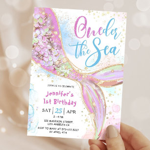 Invitation Fête d'anniversaire de 1 an de sirène Rose Oneder