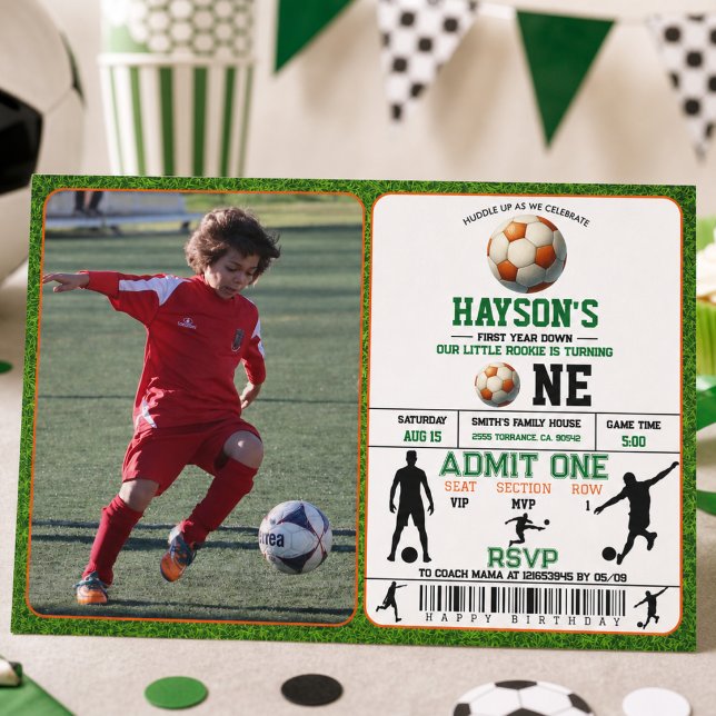 Invitation Fête d'anniversaire de 1 an de soccer (Soccer First Year Down 1st Birthday Party Invitation)