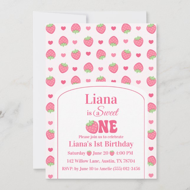 Invitation Fête d'anniversaire de 1 an de Sweet One Pink Stra (Devant)