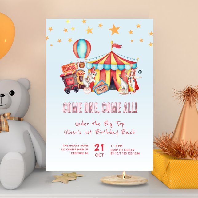 Invitation Fête d'anniversaire de 1 an du garçon du cirque Ca (Créateur téléchargé)