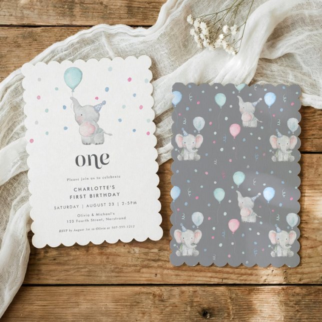 Invitation Fête d'anniversaire de 1 an d'un bébé éléphant mig (Cute baby elephant first birthday party invitations for 1st birthdays)